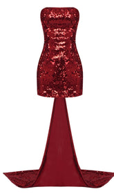 TRÄGERLOSES PAILLETTEN-MINIKLEID IN WEINROT